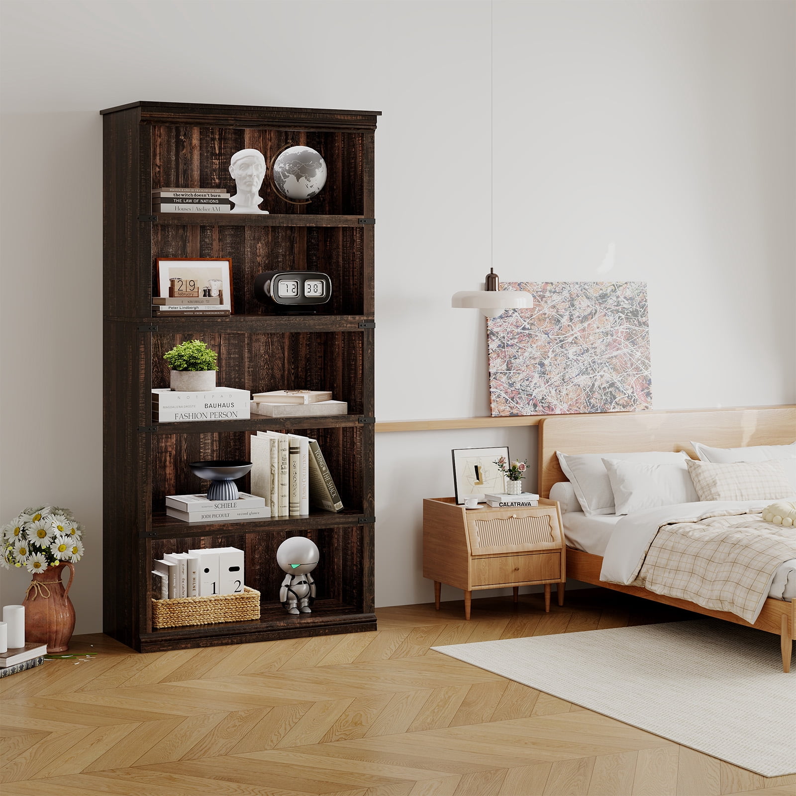 Goldensoil 67" Tall 5 Shelf Wood Bookcase, Farmhouse Floor Standing Display Storage Shelves,Dark Oak