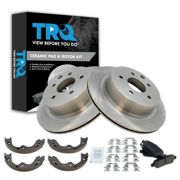 TRQ Rear Brake Pad & Rotor Kit Brake Pads Brake Rotor Parking Brake Shoe Set Ceramic Fits Select 2003-2005 INFINITI G35 Nissan 350Z
