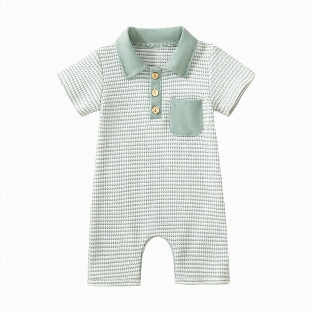 COMVALUE Barboteuse d'Été pour Bébé Garçon, Décontractée et Stylée, Rayée, de Golf, Brodée, à Boutons, à Col, à Manches Courtes (Vert, 0-6 Mois)