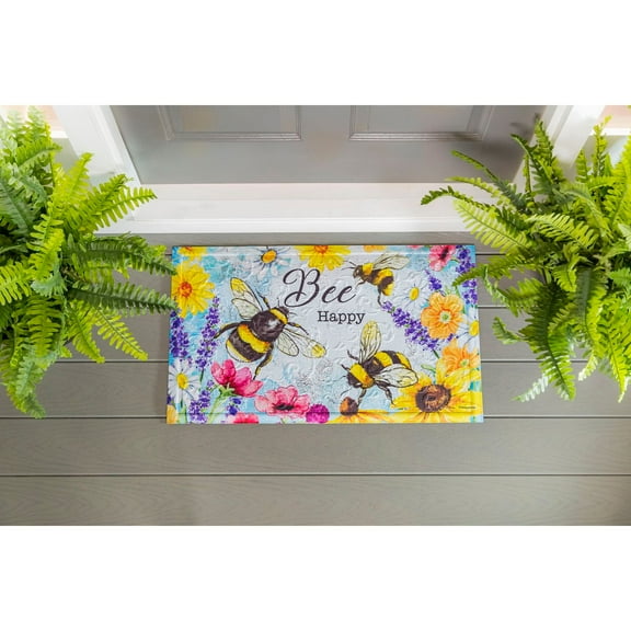 Evergreen Bright Flowers and Bumblebees Embossed Floor Mat- 30x18 in Fade and Weather Resistant Outdoor Floor Mat