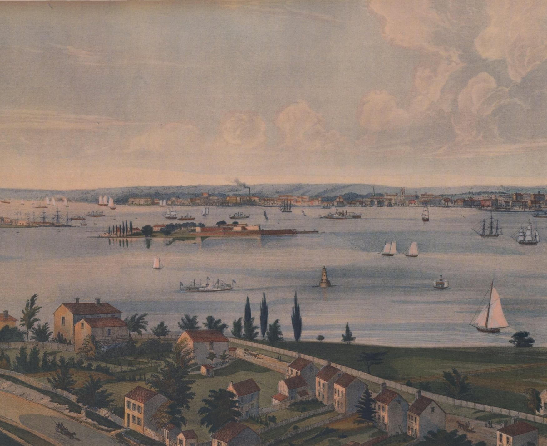 Industrial City on River Sailboats Motorboats Extra Wide Wallpaper