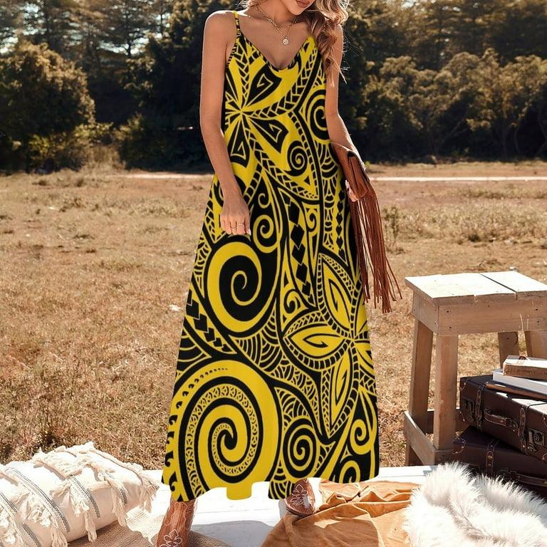 Black mustard yellow Polynesian floral design Sleeveless Dress Women s evening dress
