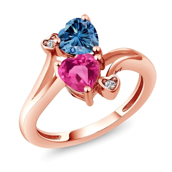Gem Stone King 18K Rose Gold Plated Silver Persian Blue Moissanite Pink Created Sapphire and White Diamond Ring for Women (1.63 Cttw, Heart Shape 6MM, Gemstone Birthstone, Size 9)