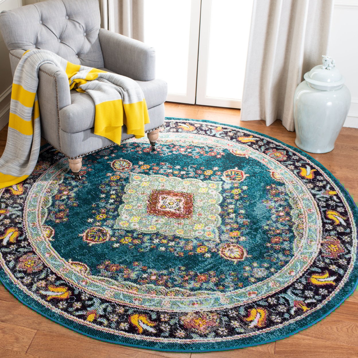 thumbnail image 3 of SAFAVIEH Madison Sonam Floral Bordered Runner Rug, Navy/Turquoise, 2'3" x 8', 3 of 11