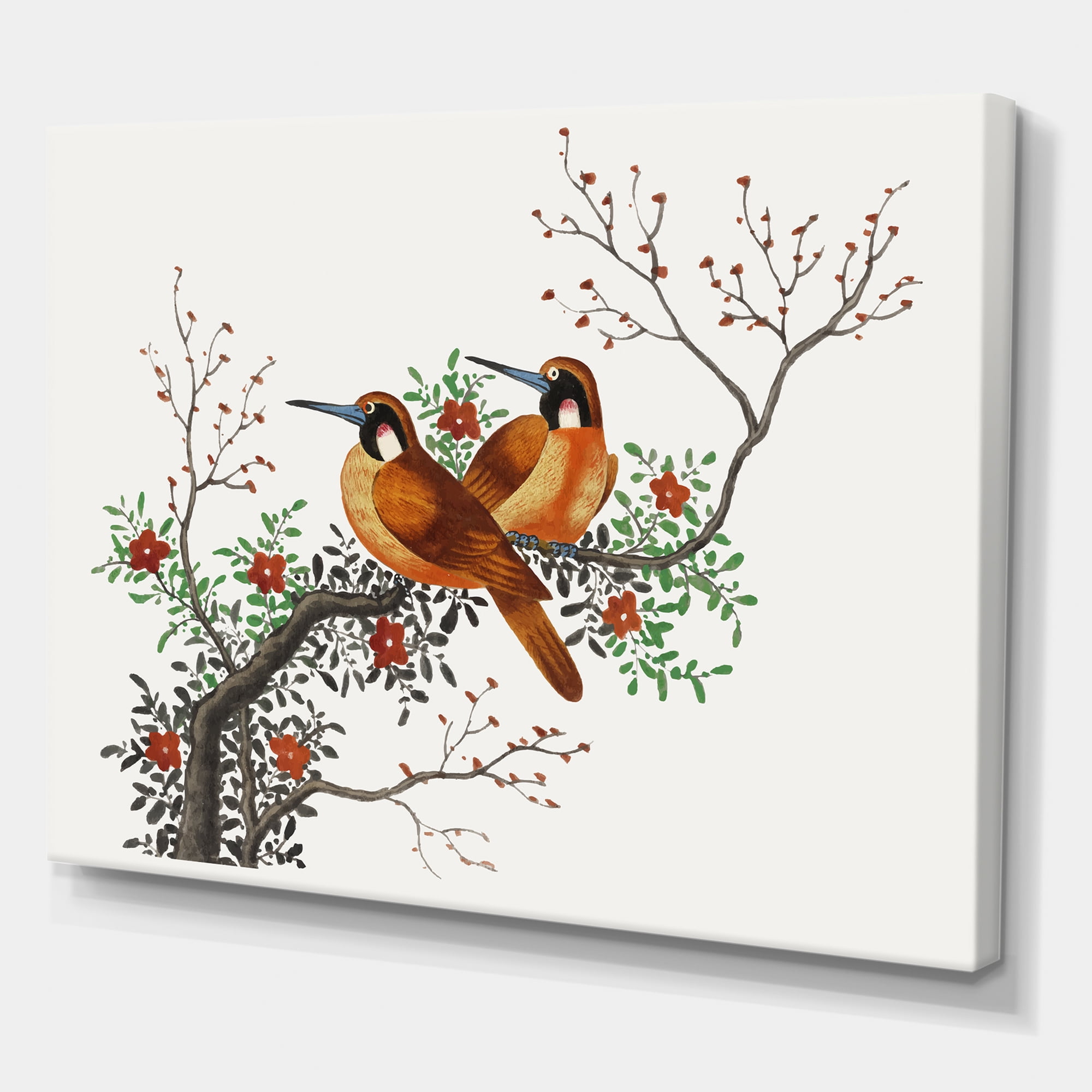 Designart ' A Flowering Tree Branch With Two Chinese Birds ' Traditional Canvas Wall Art Print