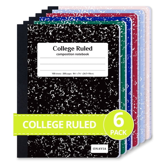 ONAVIA Composition Notebook College Ruled, 6 Pack, 200 Pages/100 Sheets, 9.75" x 7.5", Marble Composition Books Bulk, Hard Cover, Assorted Colors