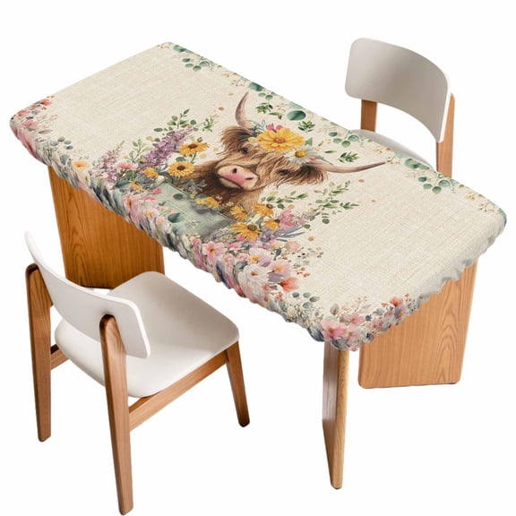 Spring Cow Floral Table Cloths for 6 Foot Rectangle Tables, Green Eucalyptus Leaves Linen Patio Waterproof Elastic Fitted Tablecloths, Washable Rectangular Table Cover for Camping