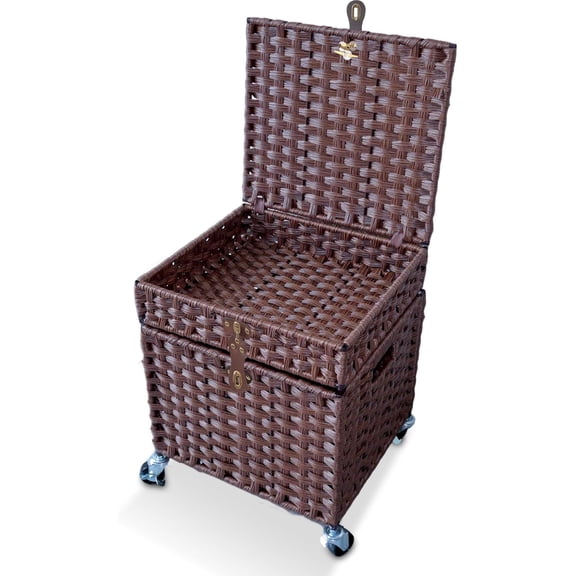 Rolling File Cabinet with Lids, Seagrass File Cabinet Organizer with Wheels, Double Layer Document Storage Box Woven Mobile Decorative File Basket, Home Office Rolling Filing Cabinet