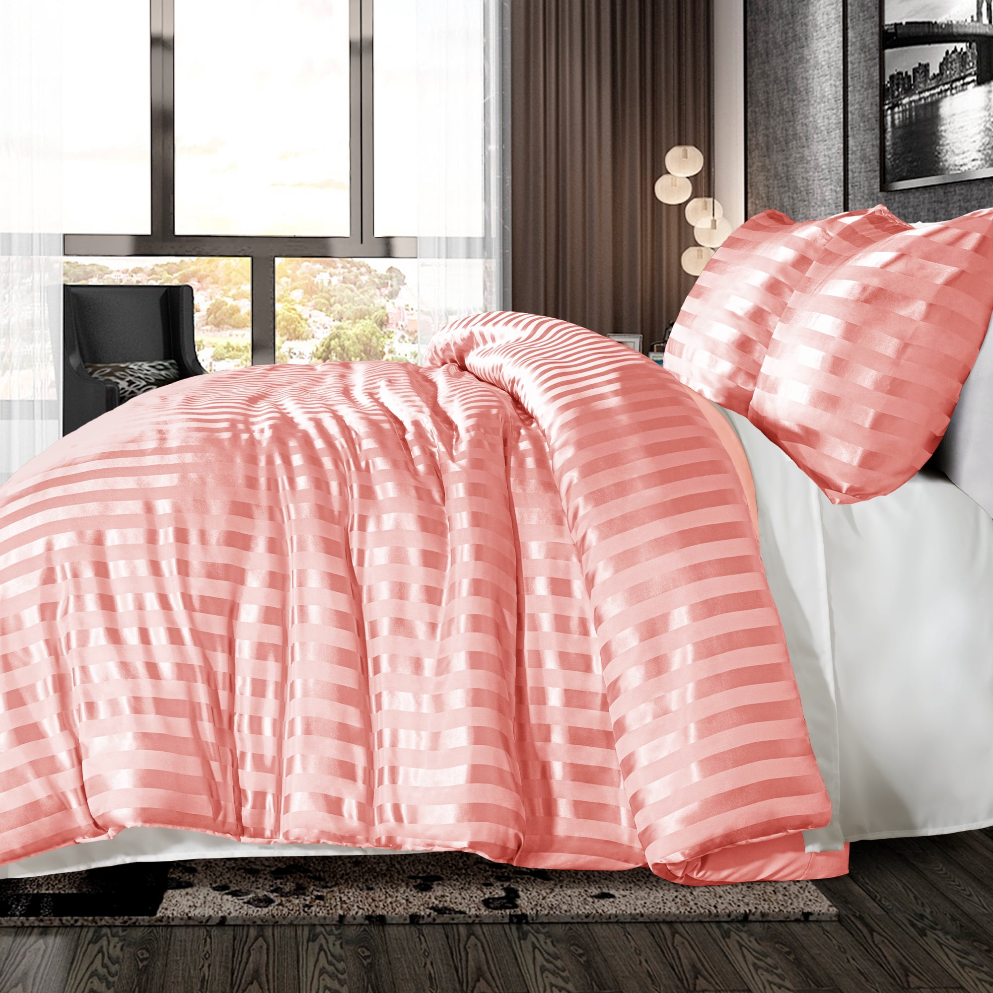 Whale Flotilla 3-Piece Luxury Stripe Satin Queen Size Comforter Set, Reversible Silky Soft Bedding Set with 2 Pillowcases, Lightweight All-Season Comforter, Pink