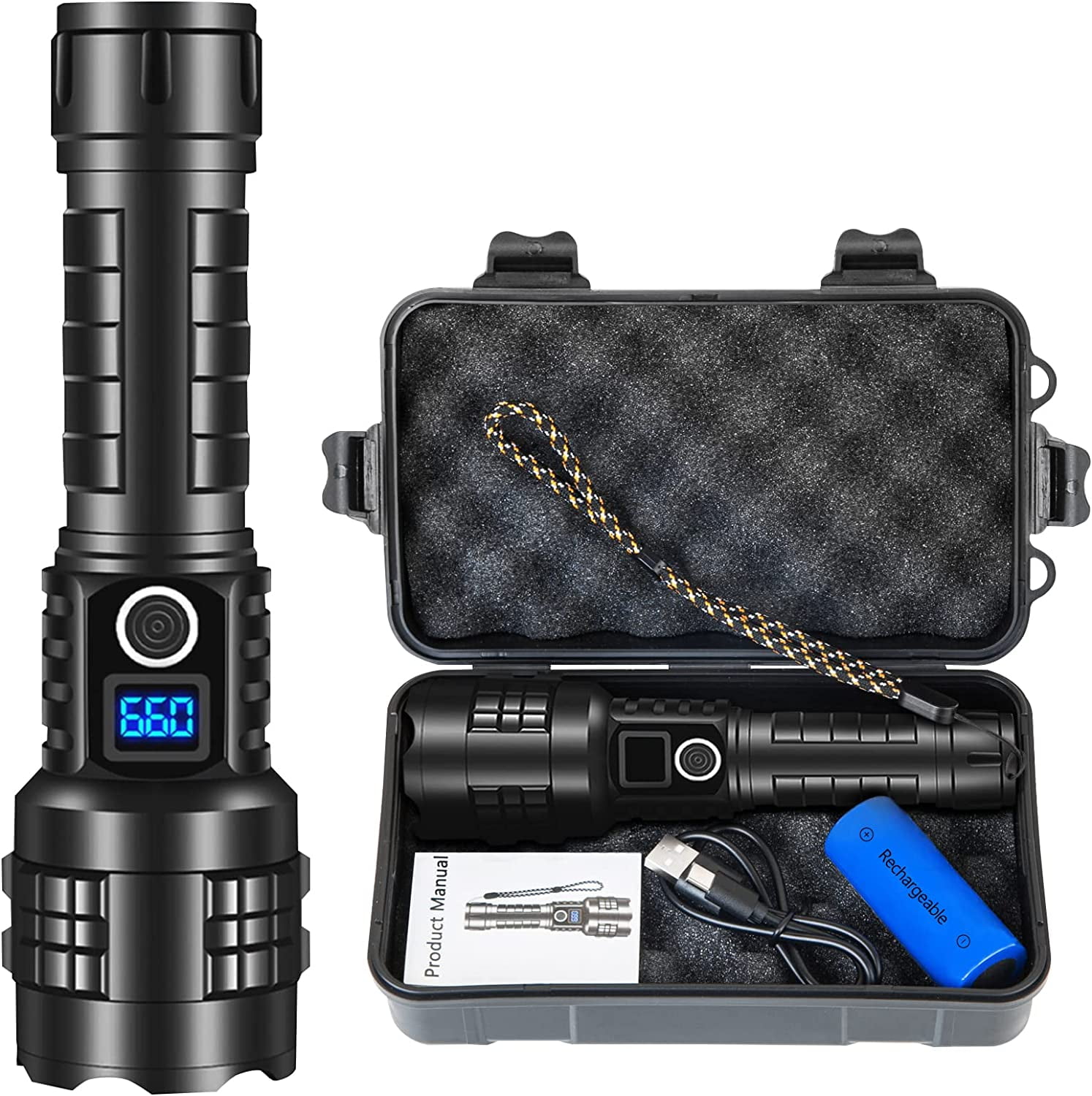 Handheld Rechargeable Flashlights High Lumens, Xhp70.2 Tactical Waterproof Flashlights, 12 Hours Runtime for Home, Camping, Walking, Hiking, Emergencies, Black