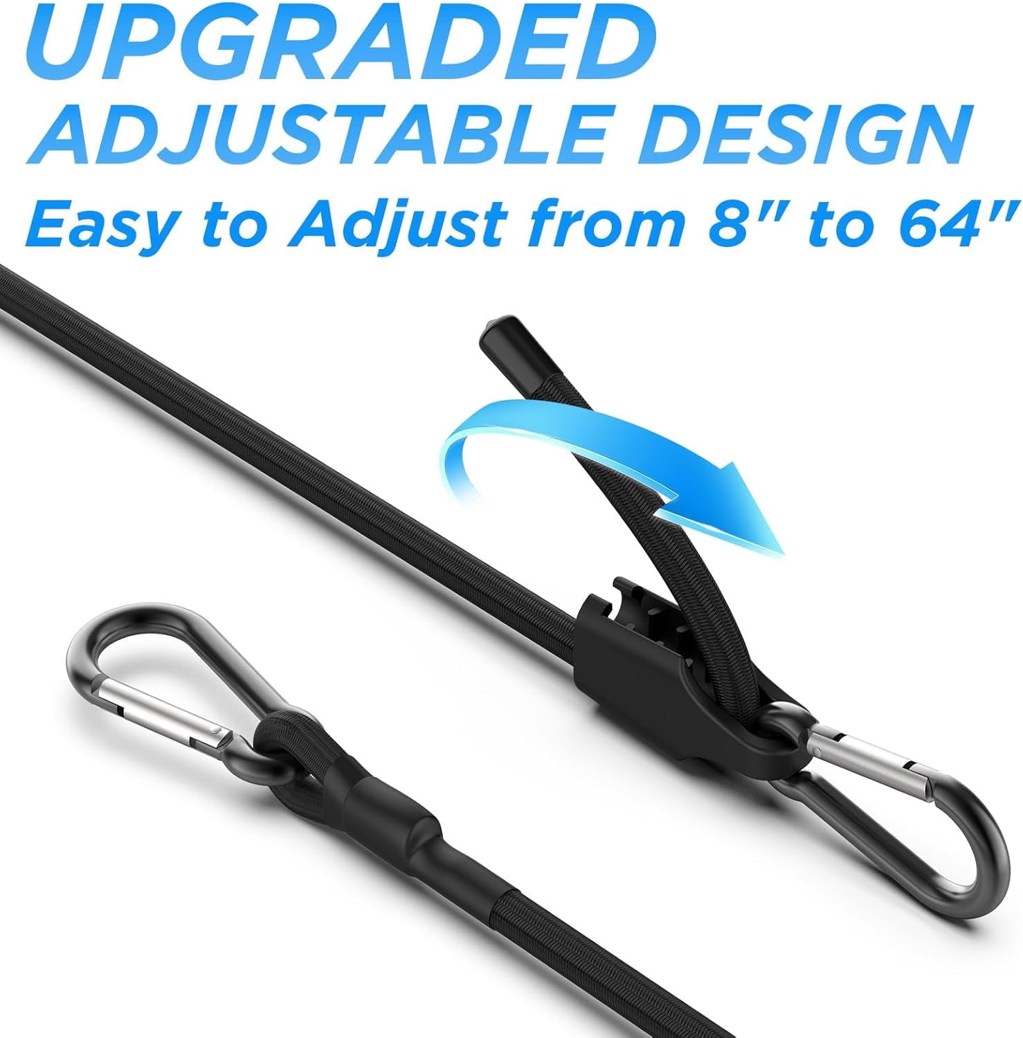 60 Inch Adjustable Bungee Cords with Carabiner Hooks, 4 Pack Heavy Duty Outdoor Super Elastic Bungee Straps Easily Adjust from 8" to 64" for Cargo, Bike, Luggage, Carts, Truck