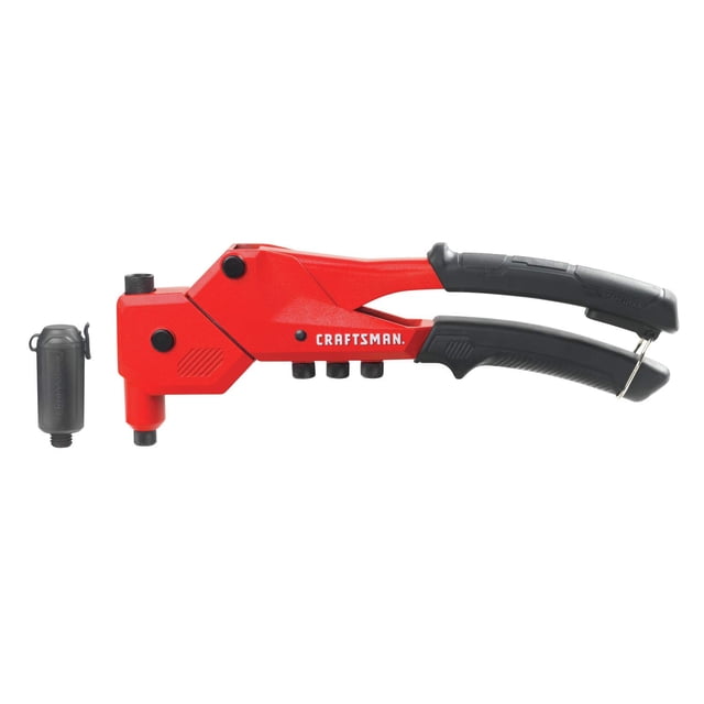 herramienta pop rivet craftsman cmht82674 con cabezal giratorio roja. Pistola remachadora vista lateral frontal con empuñadura negra ergonómica, cuerpo rojo de carcasa fundida a presión y cabezal giratorio 360° en la punta; contenedor desmontable para mandriles y piezas de nariz moleteadas visibles. Clasificada para remaches de aluminio y acero de 1/8, 3/32, 5/32 y 3/16 pulg.; también adecuada para trabajos de bricolaje en interiores de autos.