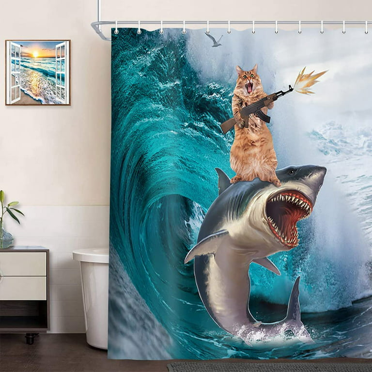 Funny Cat Shower Curtain for Kids Bathroom, Cool Cat Riding Whale Shark on  Ocean Waves Polyester Fabric Shower Curtains, Nautical Blue Aqua Teal  Seawater Bathroom Decor with Hooks, 72X72in 