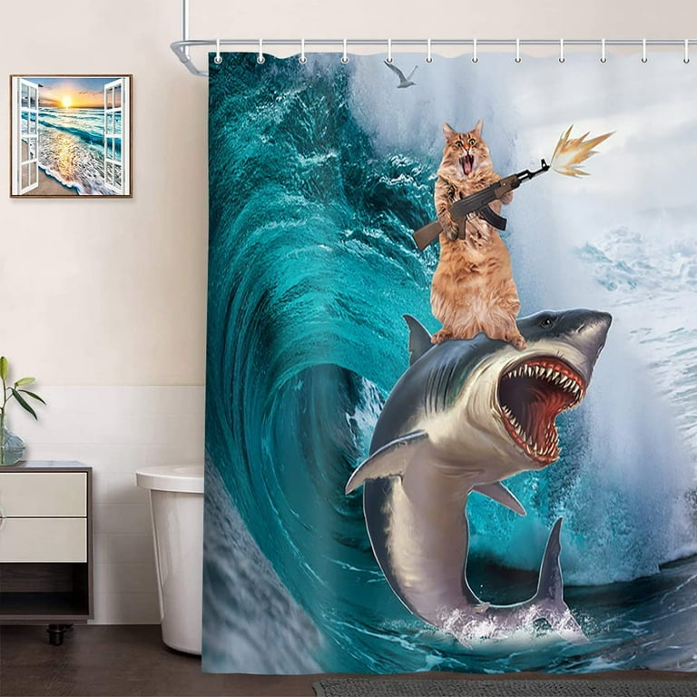 Funny Cat Shower Curtain for Kids Bathroom Cool Cat Riding Whale Shark on Ocean Waves Polyester Fabric Shower Curtains Nautical Blue Aqua Teal