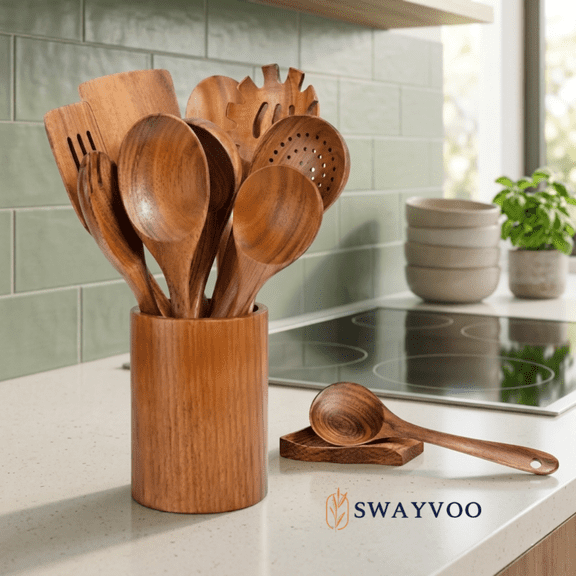Swayvoo Wooden Spoons for Cooking — 11-Piece 100% Natural Teak Kitchen Utensil Set with Holder and Spoon Rest, Heat Resistant Serving Spoons, BPA-Free, Non-Stick Safe, Gift-Ready