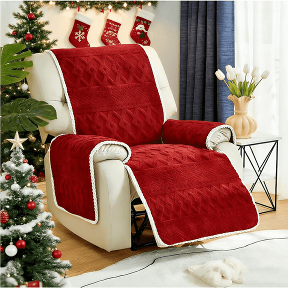 Sherpa Recliner Chair Cover Winter Recliner Slipcover Fuzzy Non-Slip Armrest Cover Headrest Cover Couch Armchair Slipcovers Set of 4 Red