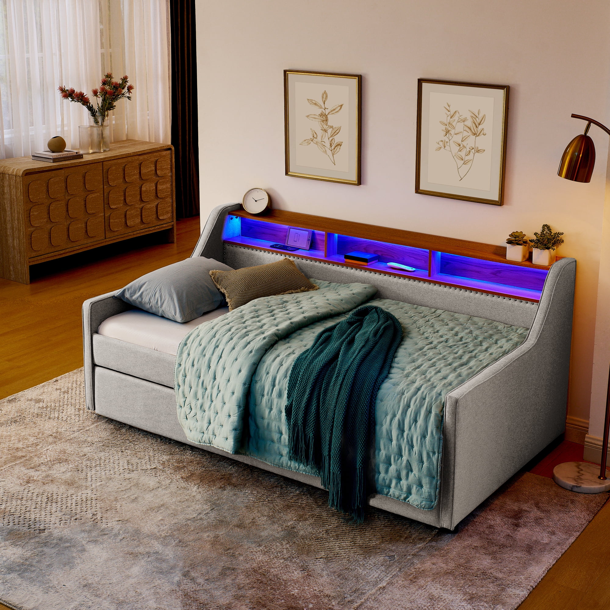 Leumius Twin Size Upholstered Daybed with Trundle,Comfy Sofa Bed with LED Lights,Wireless Charging,Storage Adjustable Headboard,Beige