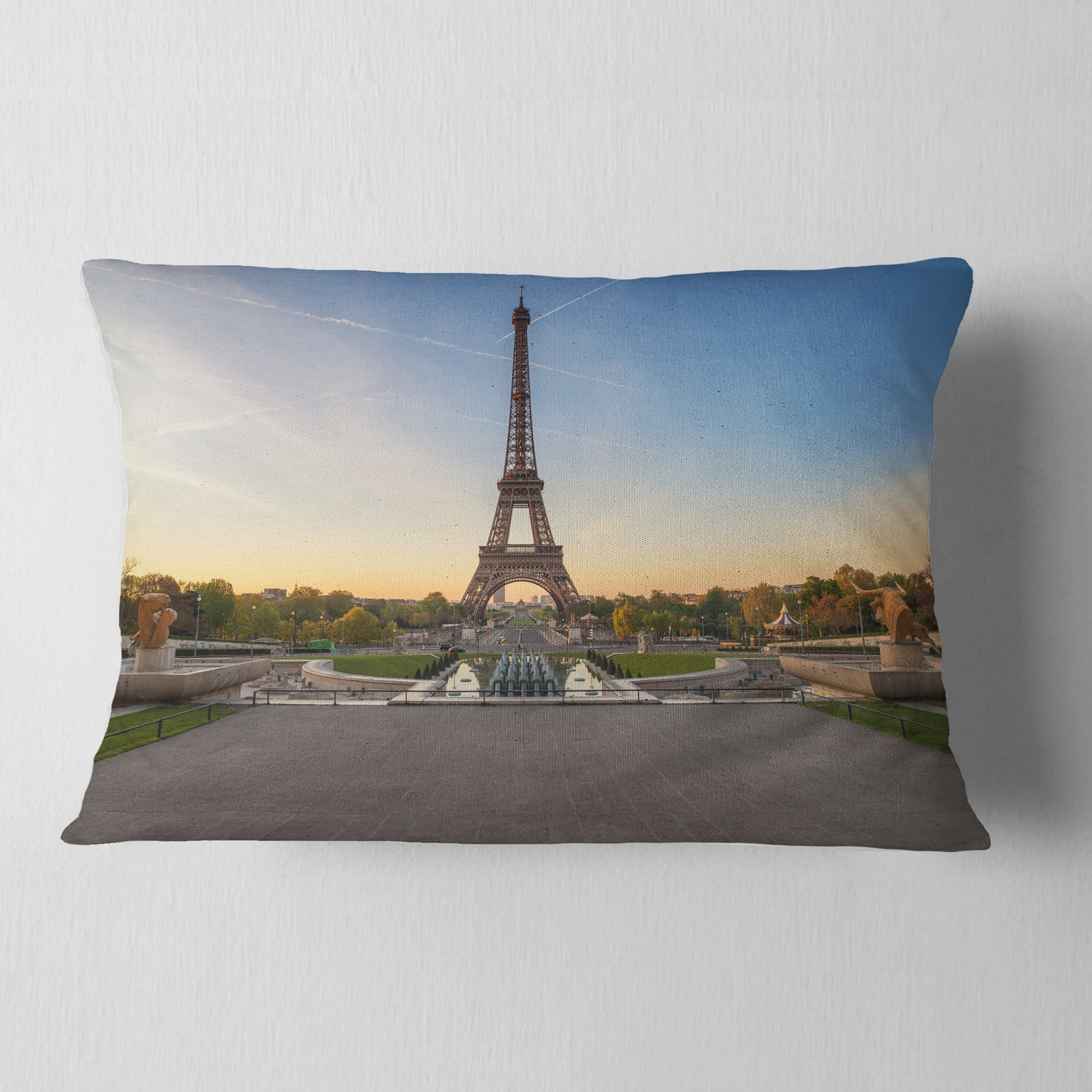 Designart Wide View of Paris Paris Eiffel Towerat Sunrise - Cityscape Throw Pillow - 12x20