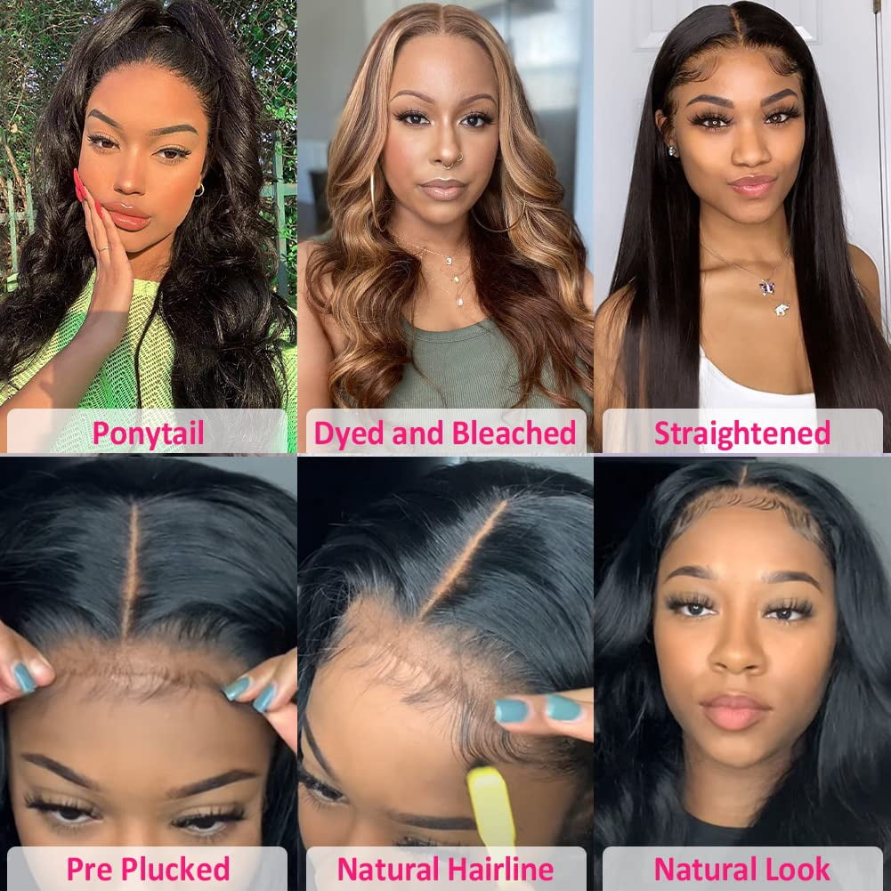 MQOUO Wear and Go Glueless Wigs Human Hair Pre Plucked Pre Cut HD Lace No Glue Body Wave Lace Front Wigs for Black Women Human Hair Glueless with Natural Hairline 180% Density 22 Inch