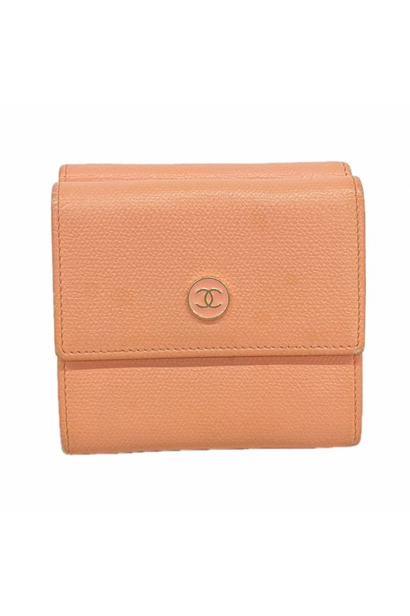 Pre-Owned Chanel Tri-fold Long Wallet, Coco Button, Leather, Pink, Women's