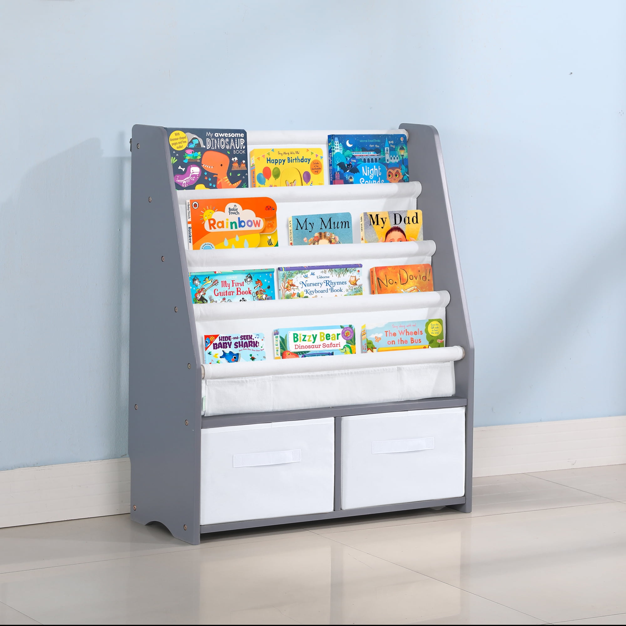 Sling bookcase with storage bins 2025