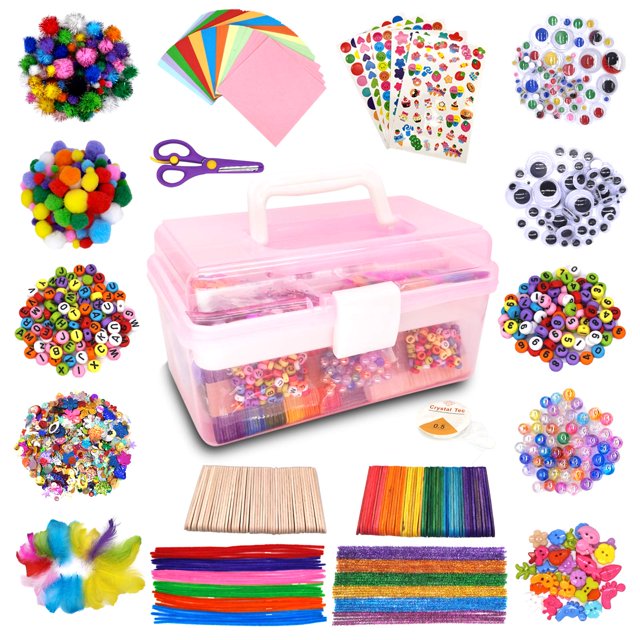 Kit de caja de manualidades para niños de más de 1000 piezas, artes y manualidades para niños pequeños, incluye pompones, limpiadores de tuberías, caja plegable de plumas oso de fresa Electrónica