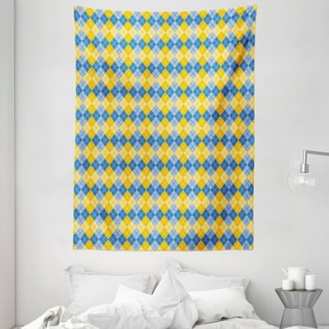 Yellow and Blue Tapestry, Classical Argyle Pattern with Grid Rhombuses Bicolor Pattern, Wall Hanging for Bedroom Living Room Dorm Decor, 60W X 80L Inches, Blue Pale Blue Yellow, by Ambesonne