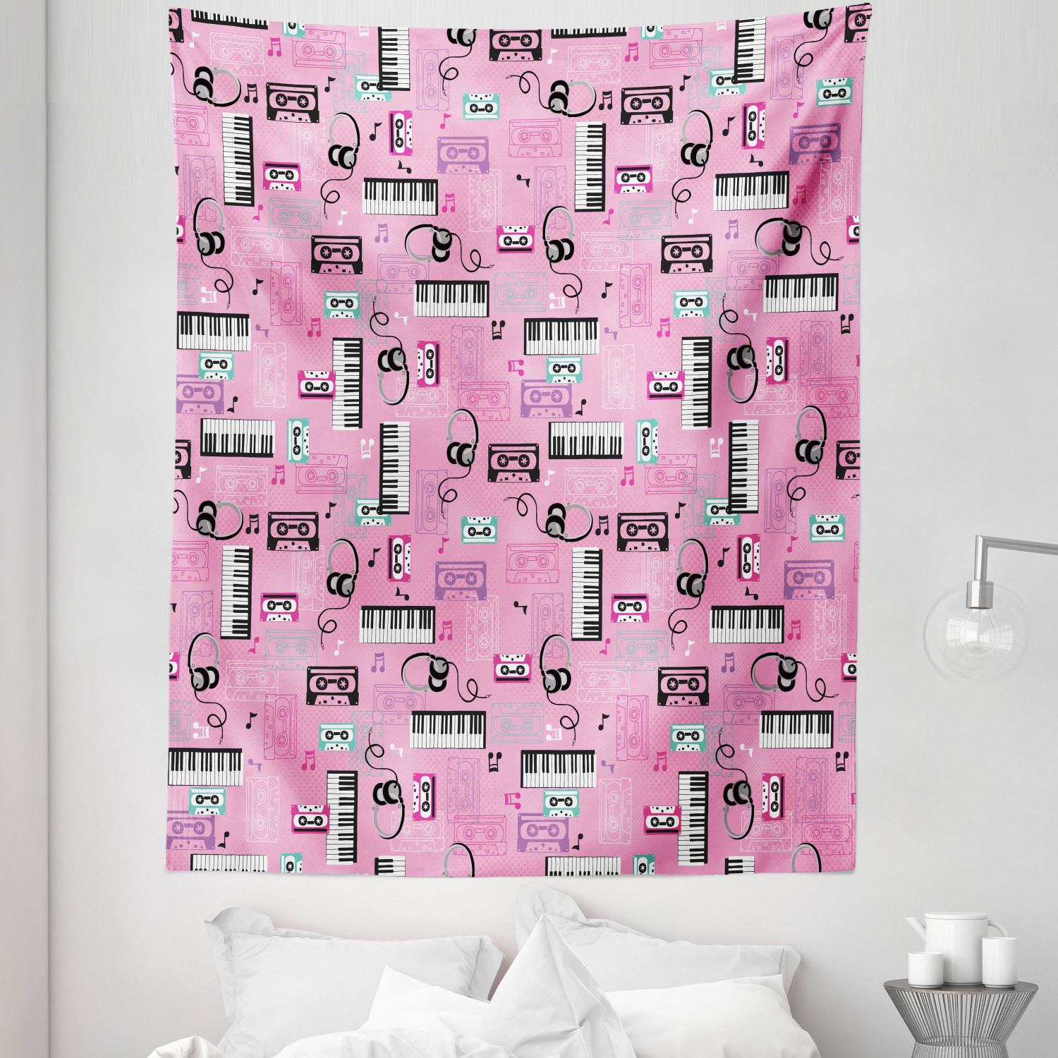 Pink Tapestry, Listen to Music Theme Vintage Cassettes Headphones ...