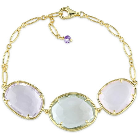 Tangelo 25-1/8 Carat T.G.W. Amethyst with Green and Rose Quartz Yellow Rhodium-Plated Sterling Silver Triple Rondell Link Bracelet, 8