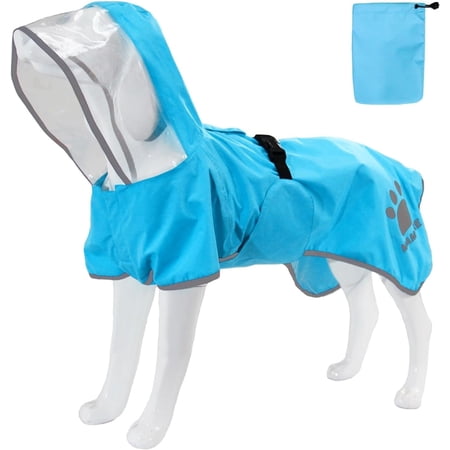 Dog Raincoat Waterproof Lightweight Pet Poncho with Reflective Strips Hood Storage Pocket for dogs (Blue X-Large)