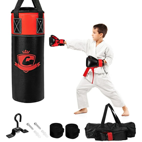 Gymax Ensemble de Sacs de Boxe pour Enfants de 11 Lb avec Bandes pour les Mains, Crochet pour Gants de Boxe, à Suspendre