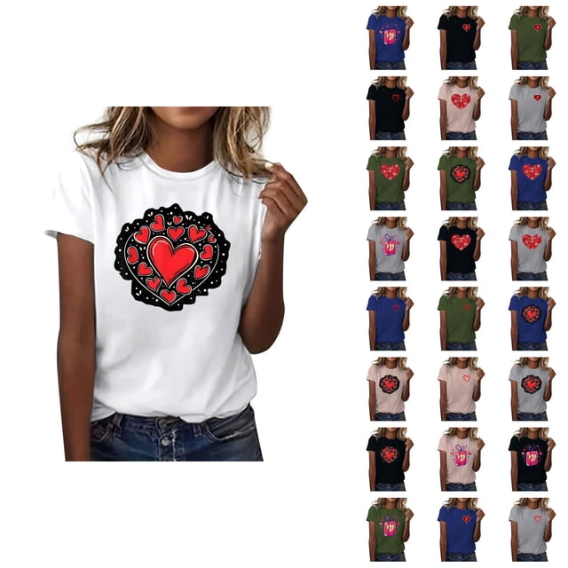 T-shirts de la Saint-Valentin pour Femmes 2026 Mode Manches Courtes Col Rond Cœur Graphique