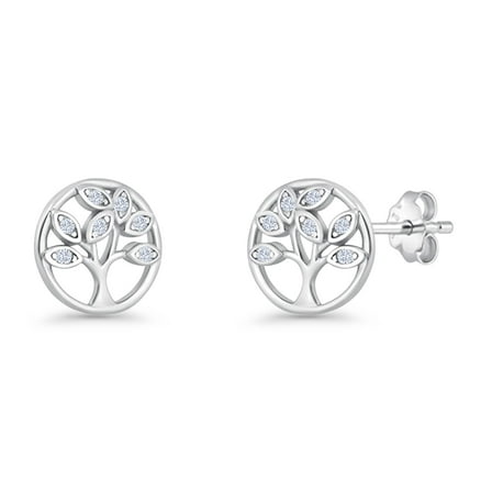 Tree Of Life Stud Earrings CZ 925 Sterling Silver 8.7mm