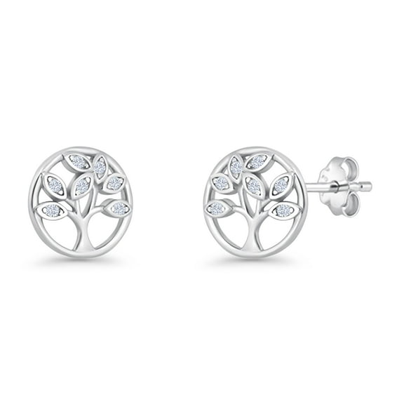 Tree Of Life Stud Earrings CZ 925 Sterling Silver 8.7mm
