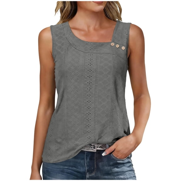 DAFPZW Irregular Collar Button Eyelet Tops for Women Court Style Ruffled Square Collar Tank Top Sleeveless Loose Fit Blouses