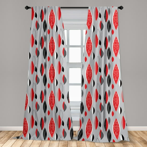 Mid Century Curtains 2 Panels Set, Red Black Grey Curtains