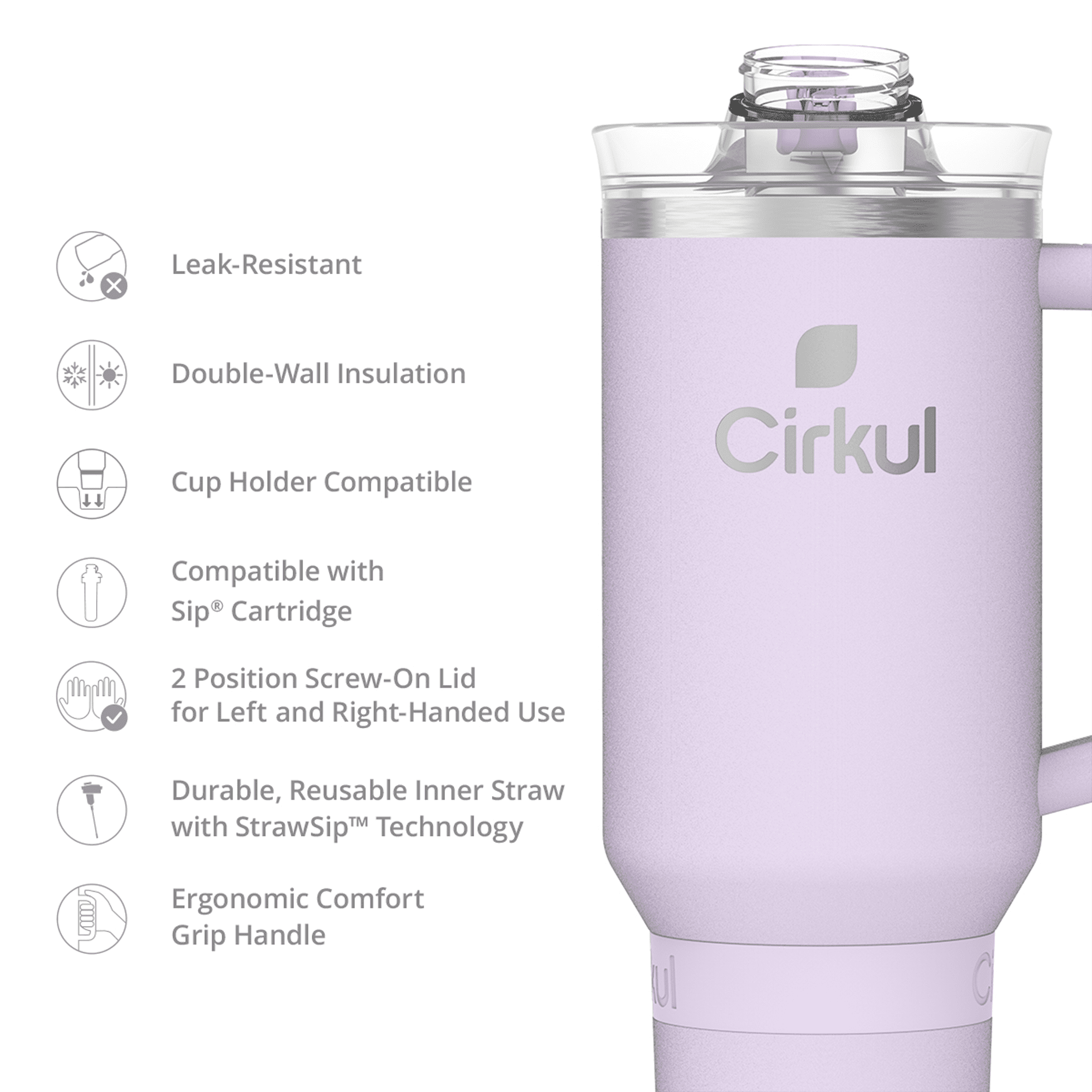 (2 pack) Cirkul 40oz All-Day StrawSip Double-Wall Insulated Stainless Steel Tumbler with Handle, Lilac (Light Purple)