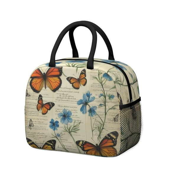 Obrewu Pioneer Flower and Butterfly Lunch Bag for Adult, Insulated, Leakproof, Oxford Cloth