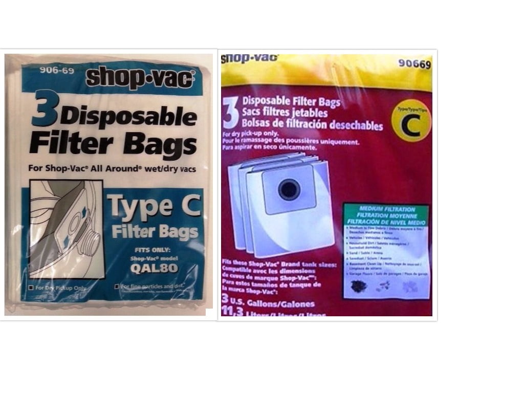 3 SHOPVAC Vacuum BagsType C, Part 9066900, Qty1PK