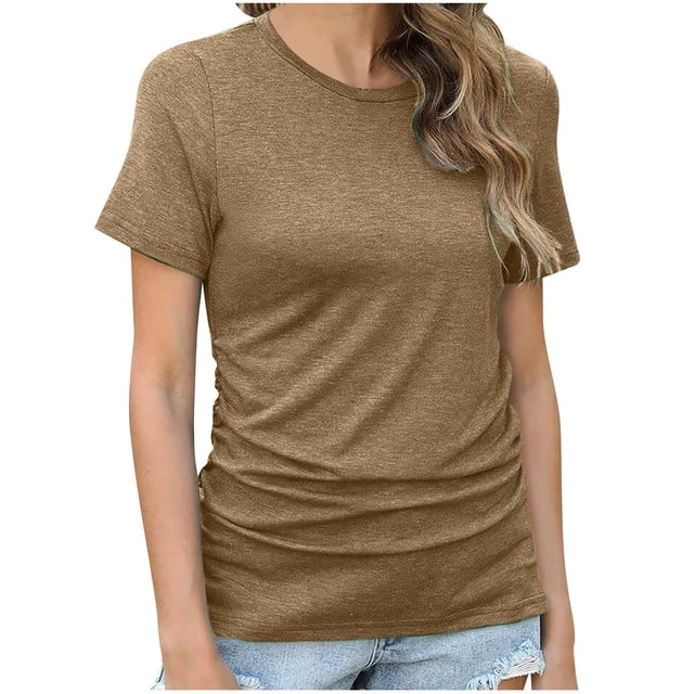 AherBiu Hauts à Manches Courtes pour Femmes Col Rond Froncé Confortable Basique Été Décontracté Haut Ample T-Shirts