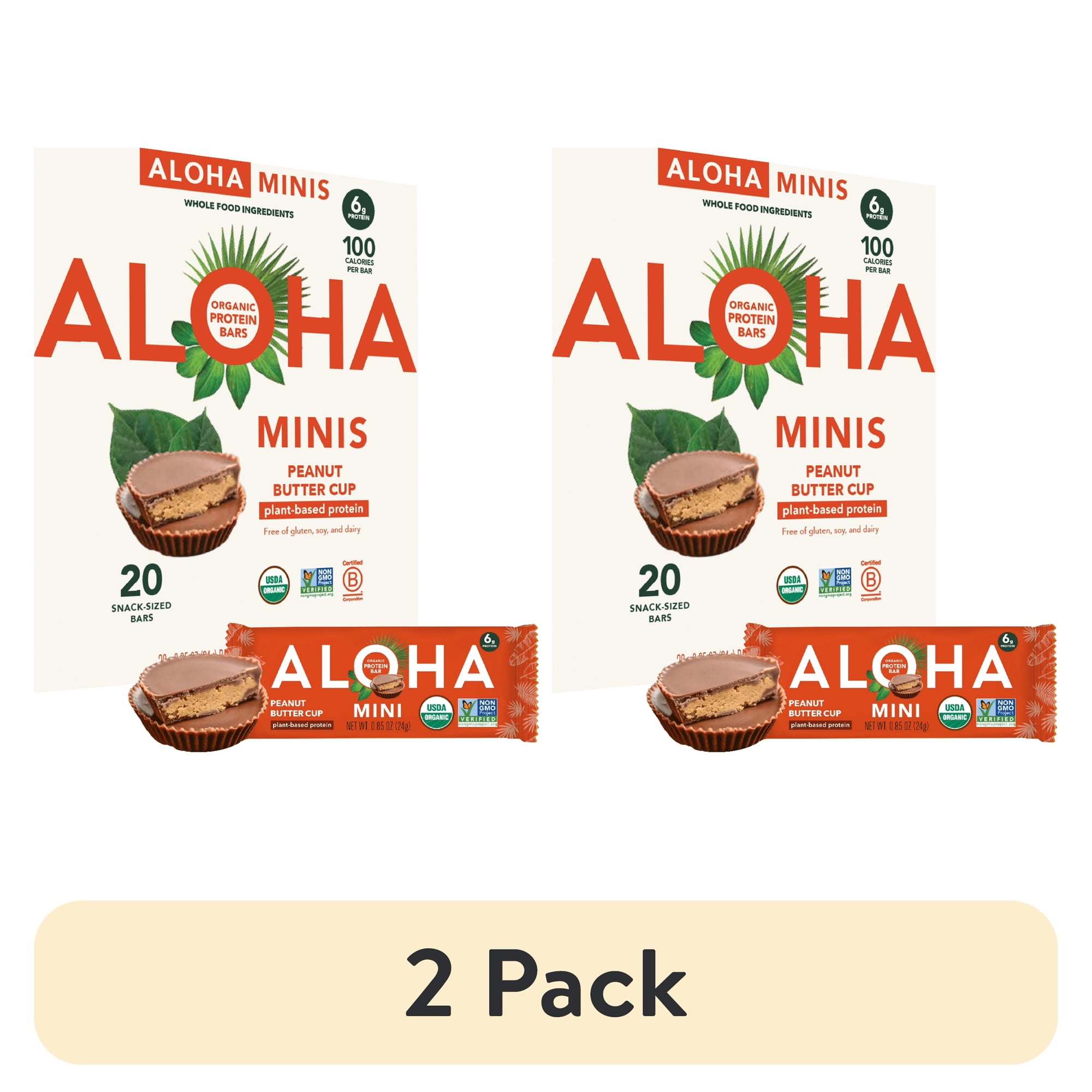 (2 pack) ALOHA, Plant Based Protein, Mini Bars, Peanut Butter Cup (Pack of 20)