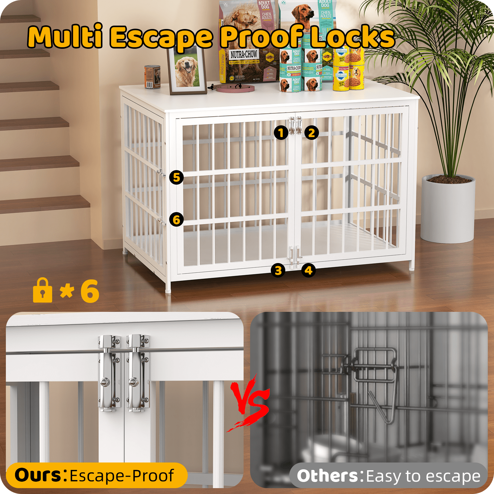 Ironovahome 48" Heavy Duty Dog Crate Furniture, Chew-Proof & Escape-Proof Wooden Dog Cage with Safe Locks & Double Doors, XL Indoor Dog Kennel Pet House for Large Dogs Up to 100lb, White