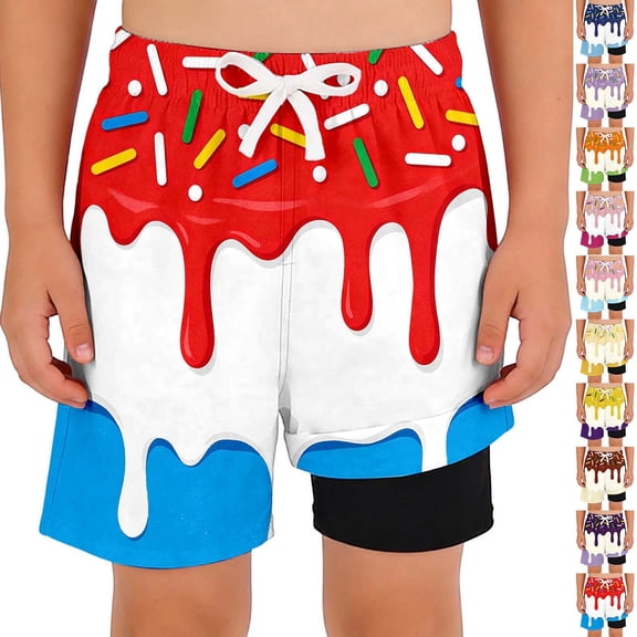 ibiyuan Boys Swim Trunks with Compression Liner Funny Ice Cream Swim Shorts Quick Dry 2 in 1 Beach Board Shorts with Pockets