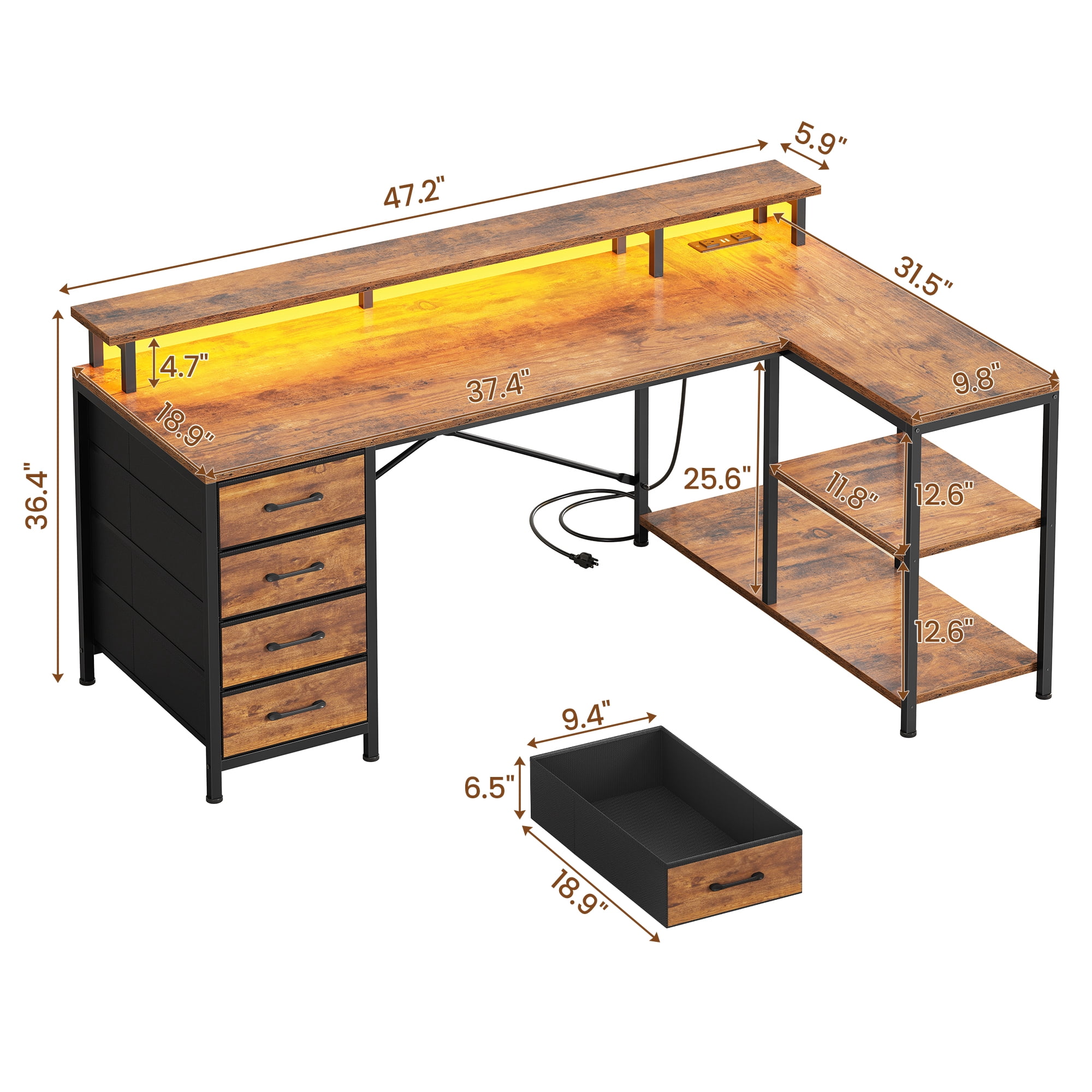 47" Gaming Desk with Power Outlets & LED Lights, L Shaped Desk with Fabric Drawers & CPU Stand, Corner Computer Desk with Open Shelves for Small Space, Rustic Brown