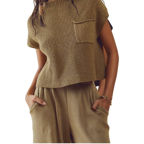 Chaleco De Suéter De Punto Suéter de punto Chaleco Casual Sin mangas Tanques Bolsillo superior para fiesta (Caqui XL) Cgtredaw Para estrenar
