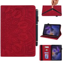 SaniMore Wallet Case for Samsung Galaxy Tab A8 Case 10.5" 2022 SM-X200/X205, PU Leather Case Embossed Sunflower Shockproof TPU Shell Card/Pen Holder Hand Rope Anti-slip Kikstand Tablet Case, Red