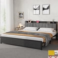 thumbnail image 3 of Upholstered Platform Bed Frame with Charging Station, Storage Drawers, Tall Headboard, Heavy Duty Steel Slats, No Box Spring Needed, Queen, Black, 3 of 7