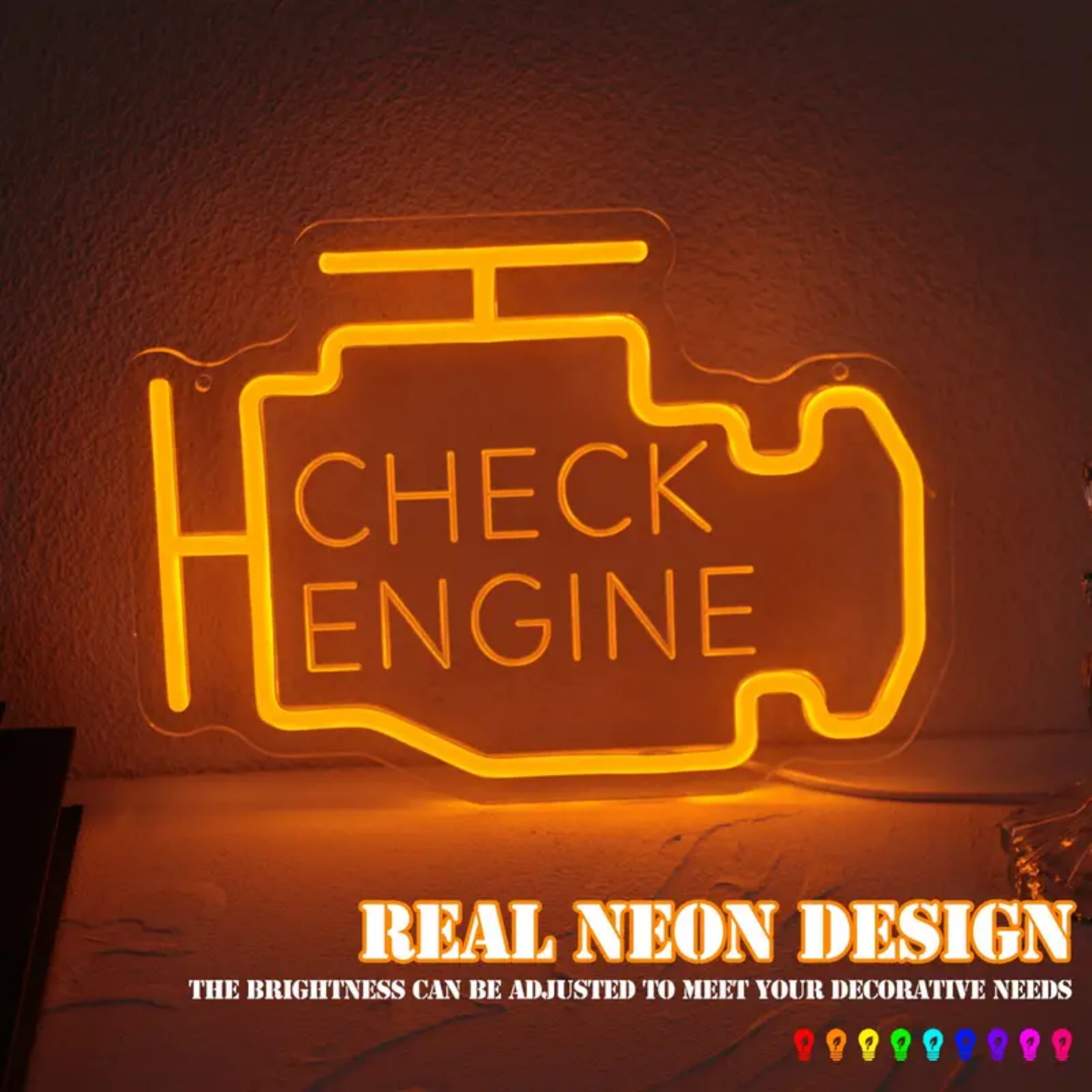 UPONRAY Check Engine Neon Signs, 11.8'*8.6' Dimmable & USB-Powered LED Neon Light, Stylish Wall Decor for Man Cave, Garage, Workshop(Engraved Letters)