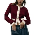 thumbnail image 3 of Women'S Contrast Trim Long Sleeve Button Front V Neck Cardigan Wine Red S, 3 of 6
