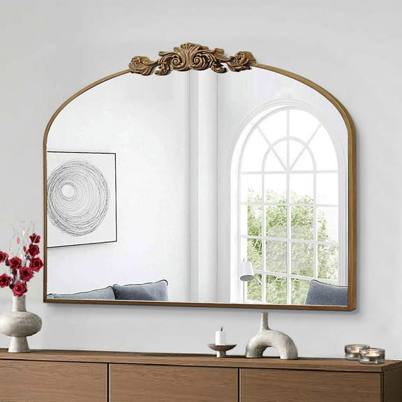 Gold Arched Mirror, 36"x29" Antique Bathroom Mirror with Wooden Frame, Vintage Ornate Baroque Decorative Mirror for Entryway, Fireplace, Living Room